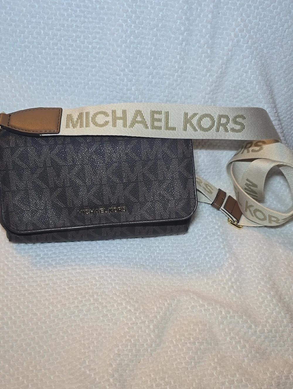 Michael Kors Dark Brown Monogram Crossbody with Cream Logo Strap
